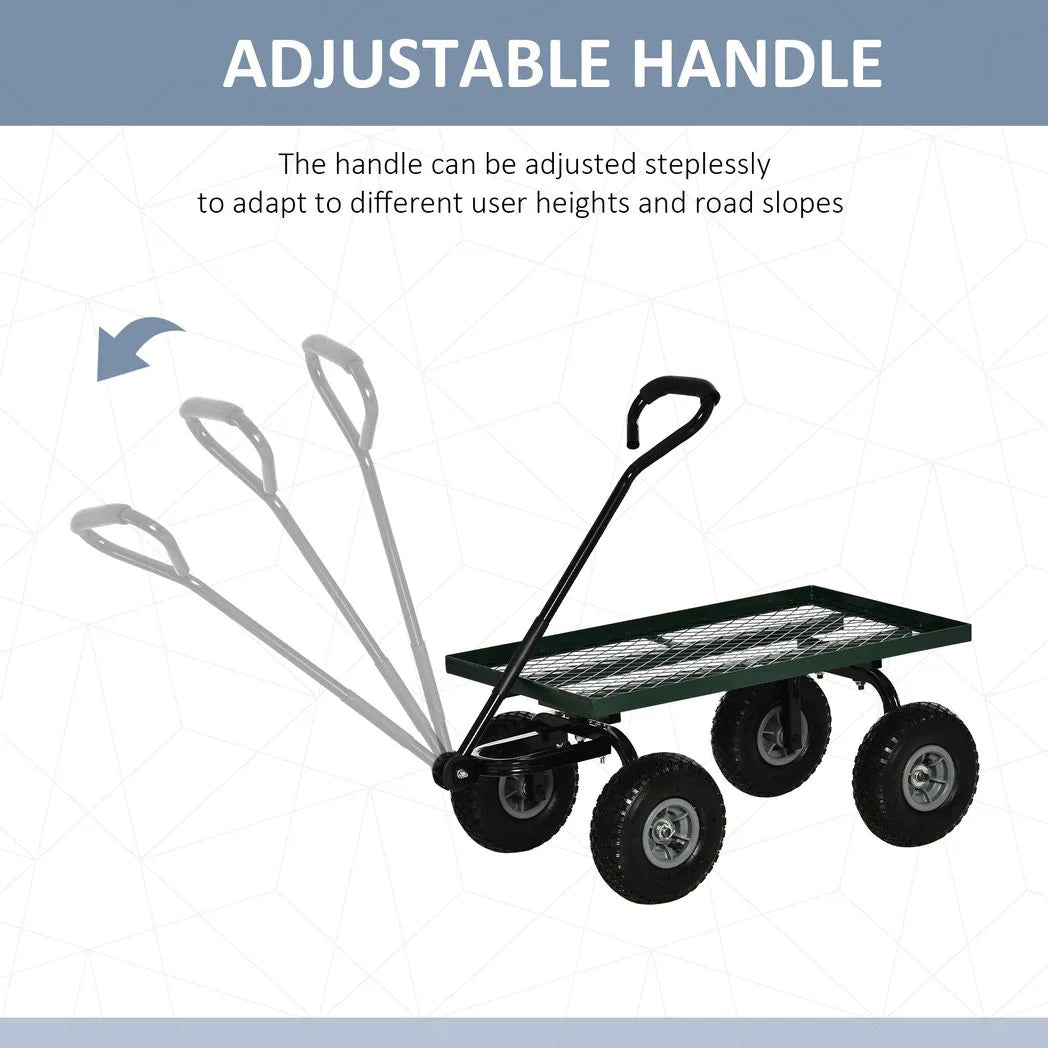 Outsunny Garden Trolley Cart, Heavy Duty Garden Cart with Metal Frame, 10" Pneumatic Wheels, Rotating Handle, 150kg Capacity, for Garden, Farm, Green