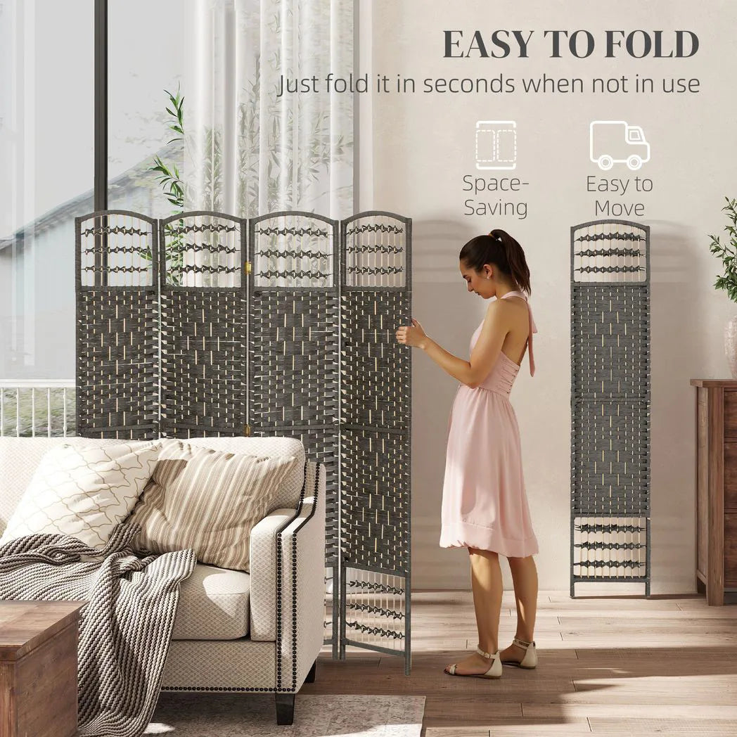 HOMCOM 4 Panel Folding Privacy Screen, Room Divider with Pine Wood Frame for Living Room and Office, Dark Grey