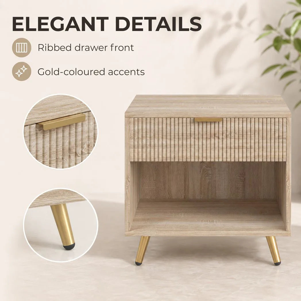 HOMCOM Bedside Table with Drawer and Open Compartment, Nightstand with Handle for Bedroom, Living Room, Natural Wood Finish