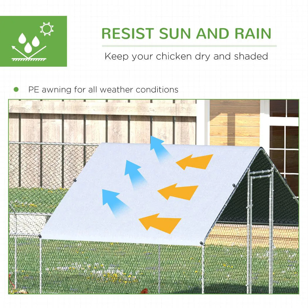 PawHut Chicken Run Galvanised Walk-in Chicken Coop Hen Poultry House Cage Rabbit Hutch with Water-Resist Cover, 3 x 8 x 2m