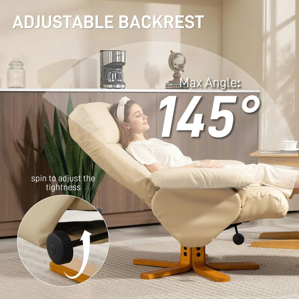 HOMCOM PU Leather Swivel Recliner Chair with Footstool, Wooden Base and Storage for Living Room, Beige