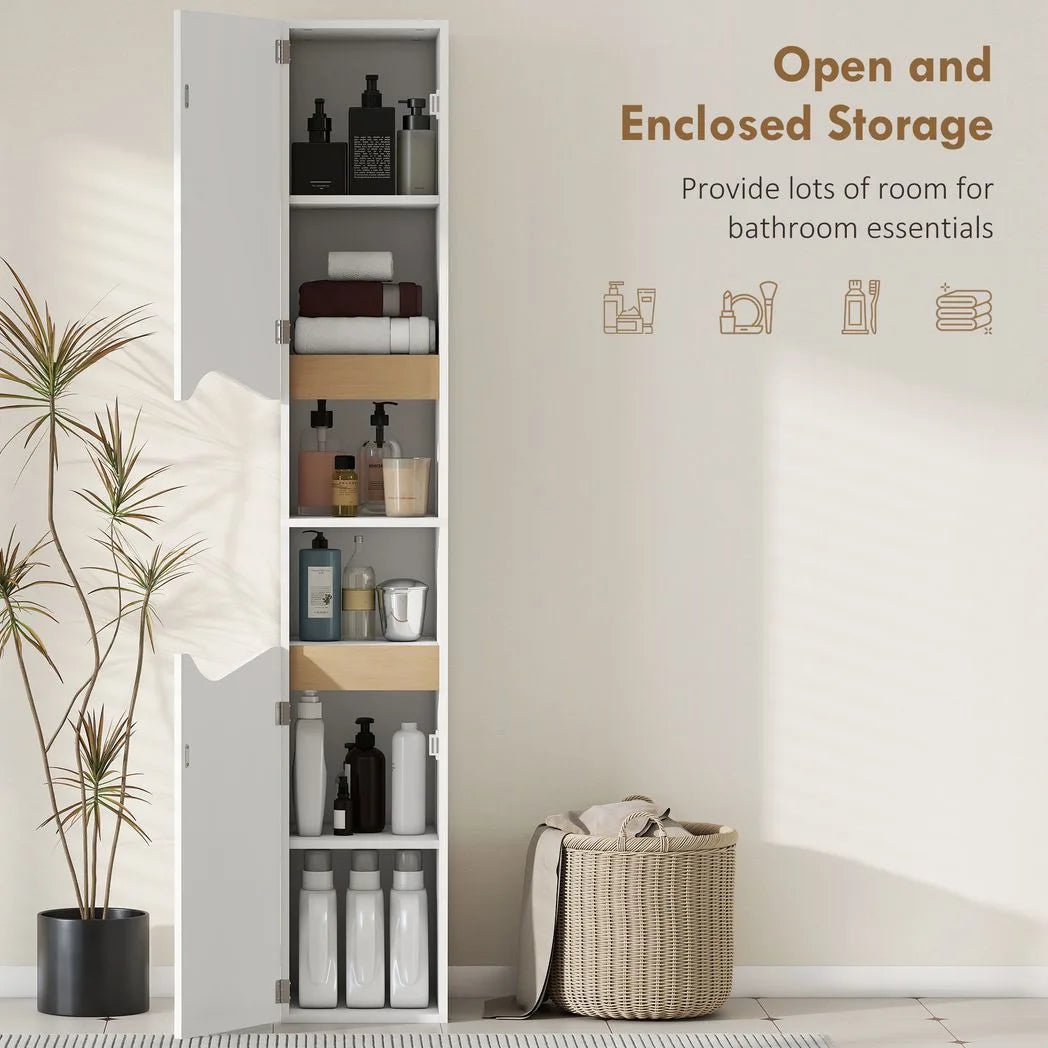 HOMCOM Tall Slim Bathroom Cabinet with 2 Doors, 2 Shelves - White