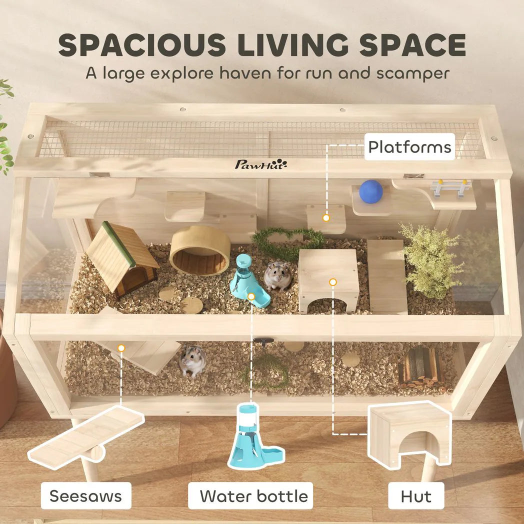 PawHut Wooden Hamster Cage, Hamster Habitat with Openable Top, Seesaws, Platforms, Water Bottle for Gerbils, 110 x 52 x 101 cm