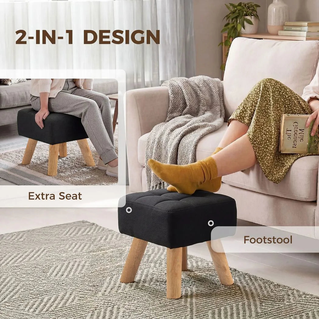 HOMCOM Linen-Look Square Padded Footstool - Black