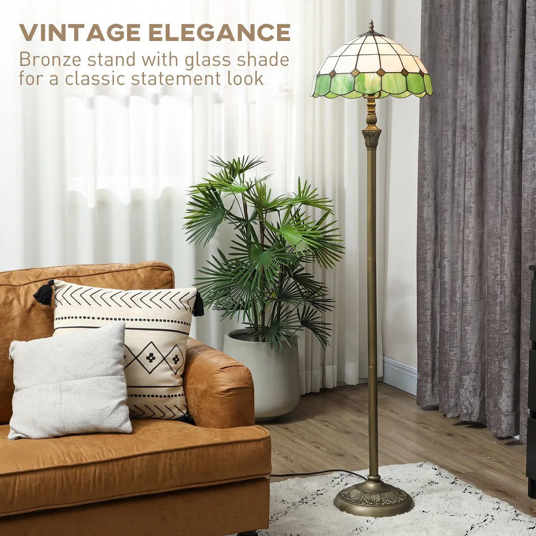 HOMCOM Tiffany-Style Floor Lamp with Handcrafted Stained Glass Shade, 152cm Tall Vintage Standing Lamp, Bronze Tone and Green