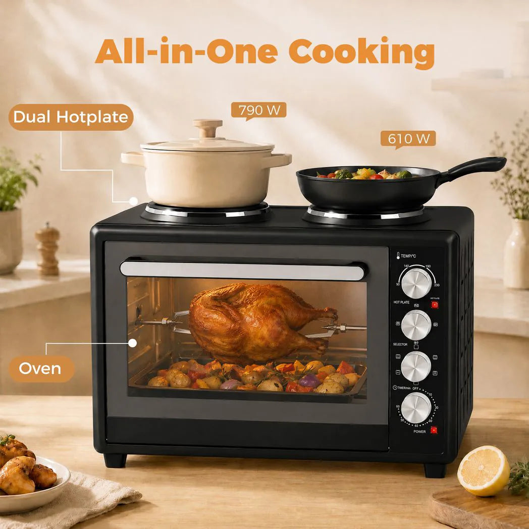 HOMCOM 36L Mini Oven with Dual Hot Plates, Electric Countertop Cooker with Convection, 90?230°C Adjustable Temperature