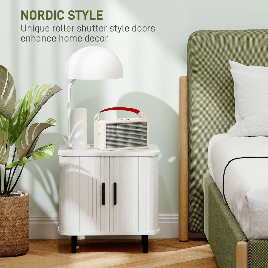 HOMCOM Nightstand with Sliding Doors and Metal Legs White Wood Effect