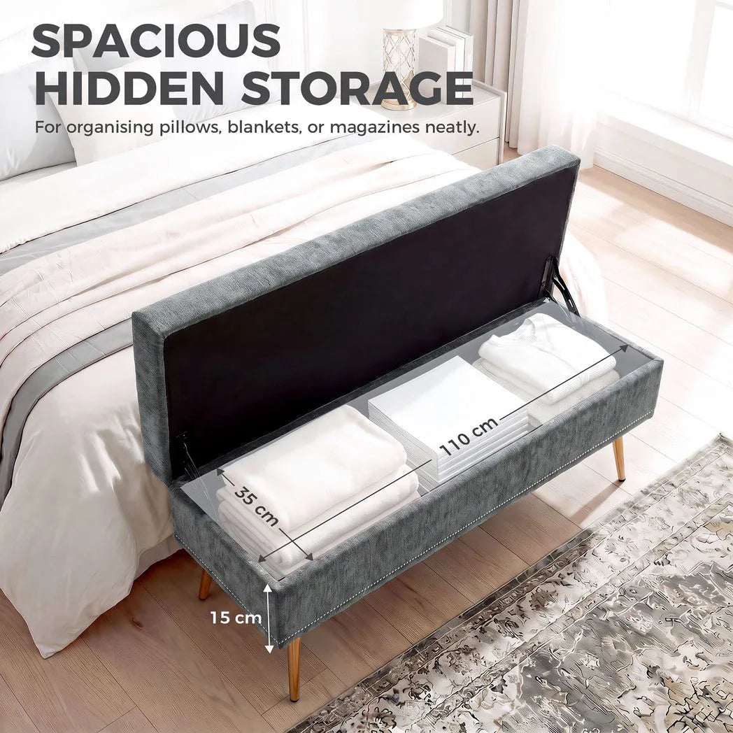 HOMCOM Storage Ottoman, Chenille Upholstered Ottoman Storage Box with Padded Seat, Metal Legs, 114 x 41 x 45 cm, Grey