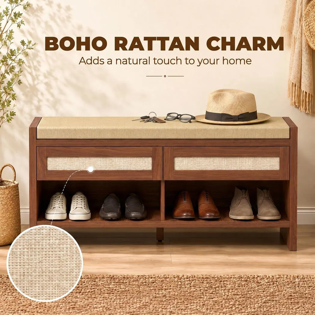 HOMCOM Boho Shoe Bench with 2 Rattan Drawers, Shoe Storage Bench with Cushioned Seat and Open Shelf Brown