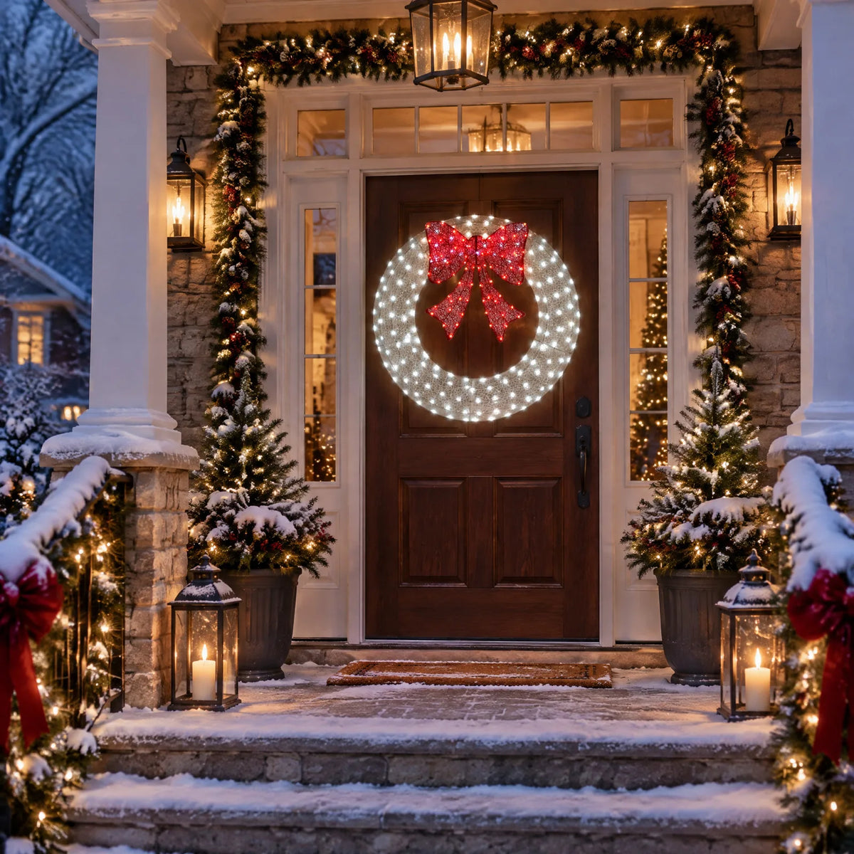 48in Pre-Lit Outdoor Christmas Wreath Decoration, LED Metal Holiday Decor for Home Exterior, Garden w/ 224 Lights, Bow - White/Red