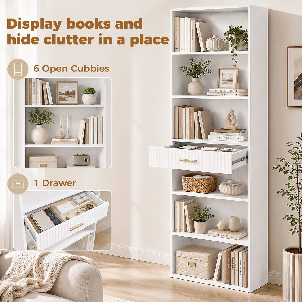 HOMCOM Bookcase Narrow Tall Space-Saving Bookshelf Drawer Open Shelves 60 x 24 x 182 cm White