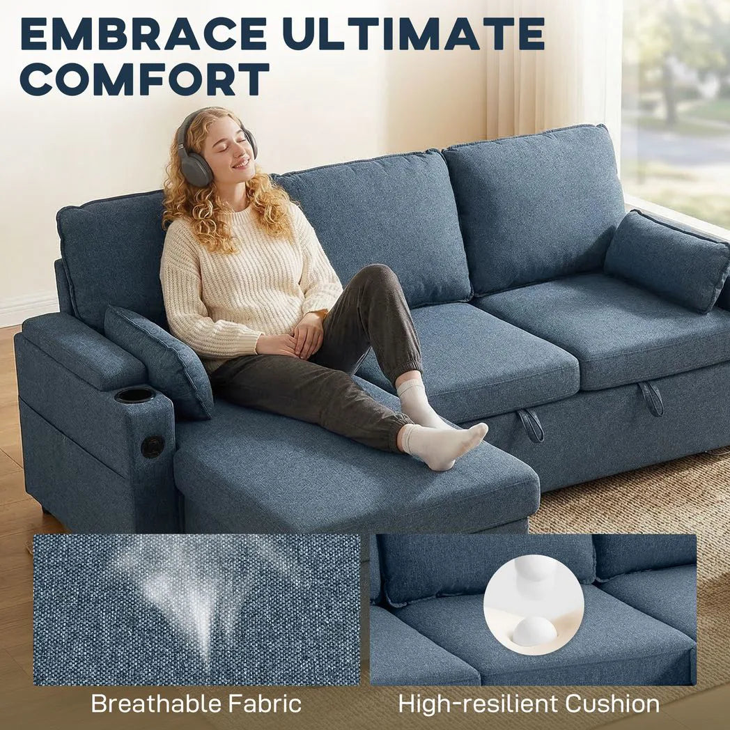 HOMCOM Corner Sofa Bed, L Shaped Sleeper Sectional Sofa with Reversible Storage Chaise, Blue