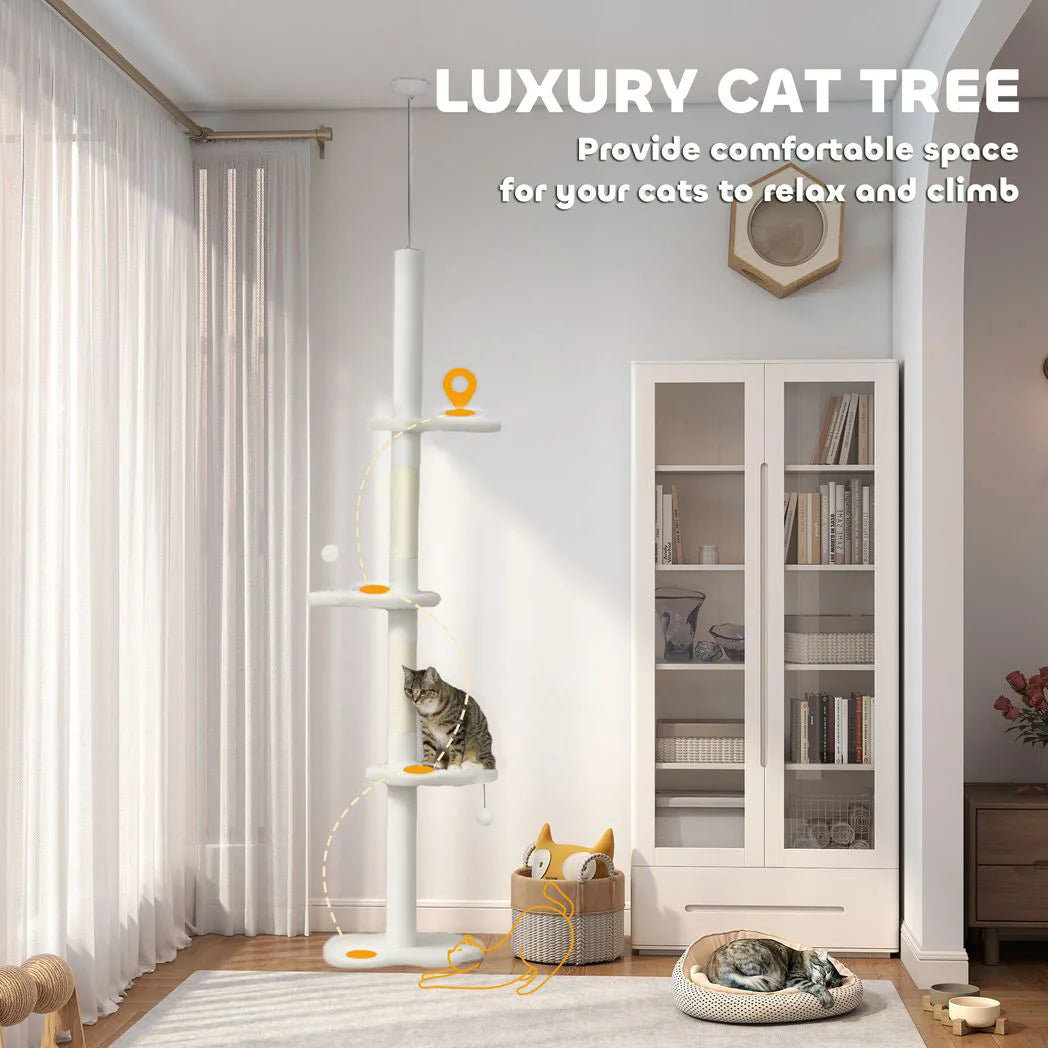 PawHut 225-255 cm Adjustable Cat Climbing Tower with Sisal Scratching Posts, 2 Hanging Play Balls and Anti-Tip Strap, Beige