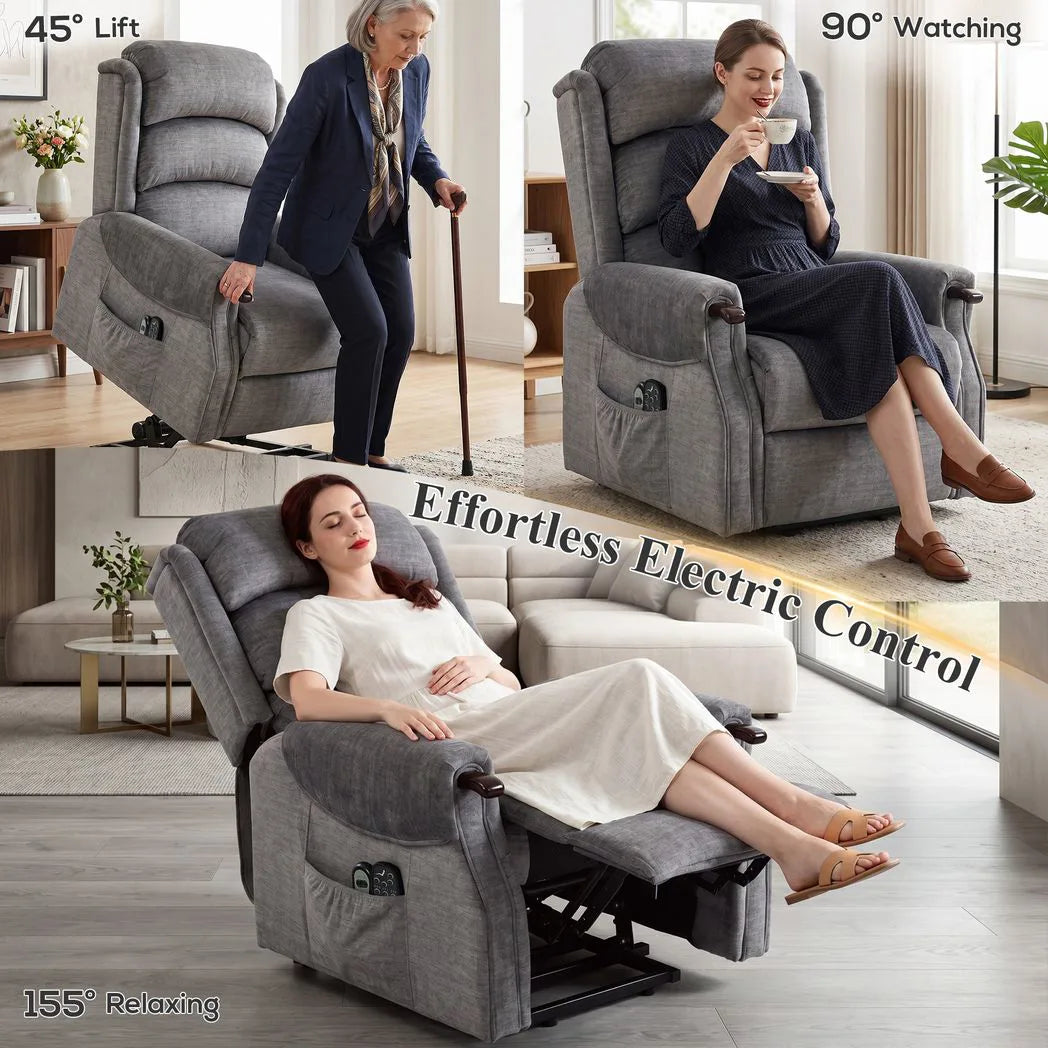 HOMCOM Power Lift Recliner with Vibration Massage and Heat, Lift Chair for Tall with Wood Grip, Pocket Spring, Light Grey