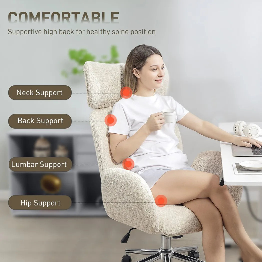 HOMCOM Office Chair with Adjustable Headrest, Spring Pack, Curved Line, Boucle Fabric - Pale Grey
