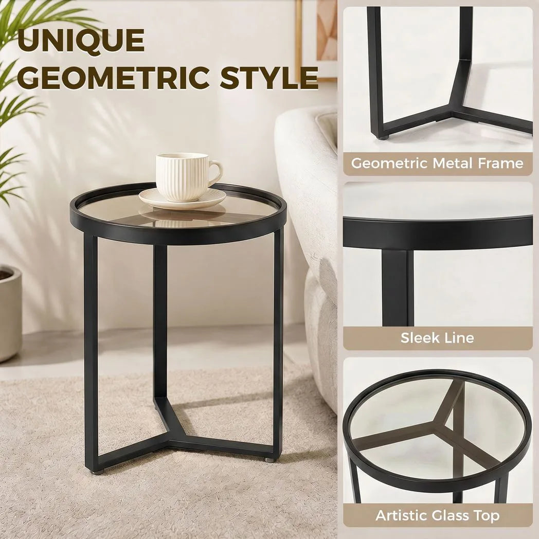 HOMCOM Round Side Table with Tempered Glass Top and Geometric Metal Frame for Small Space, Black