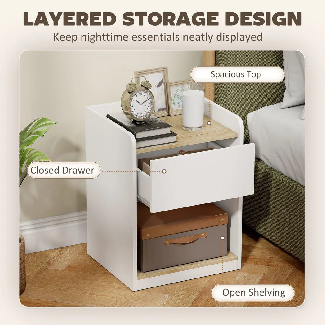 HOMCOM Modern Bedside Table, Slim Nightstand with Drawer, Shelf and Cable Holes, White and Oak
