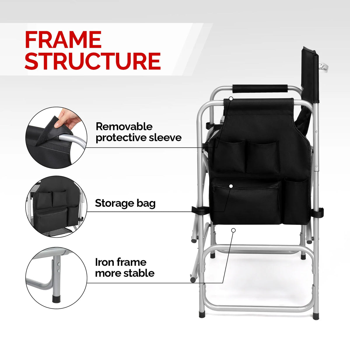 Folding Director Chair with Side Table & Storage Pockets, 41"×23.6"×26.4" Heavy Duty Spray-Coated Metal Frame Makeup Artist Chair, Portable Tall Folding Camping Chair, Supports 300 LBS, Black Oxford Fabric, No Carry Bag  >