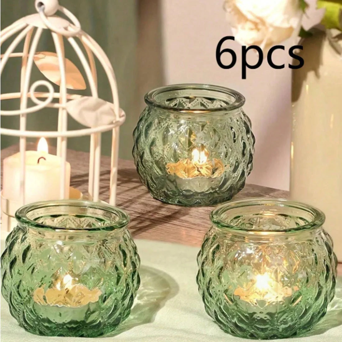 6pcs Green Glass Candle Holder Clear Glass Modern Round  Candle Holder pack