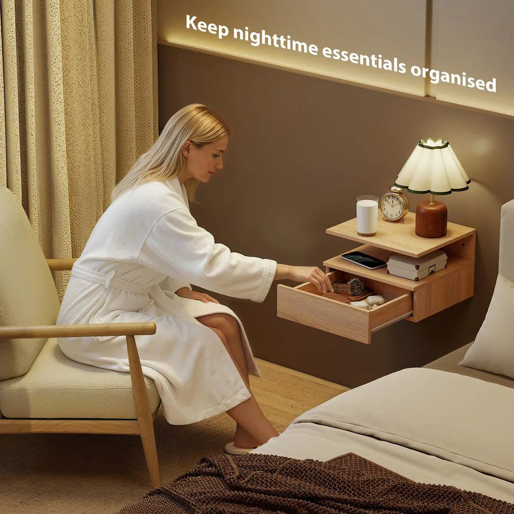 HOMCOM Set of Two Floating Bedside Tables - Oak