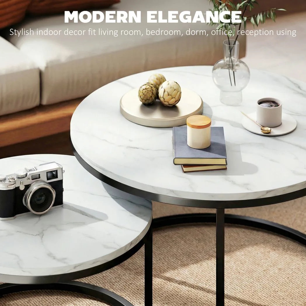 HOMCOM Set of Two Marble-Effect Stacking Tables - White
