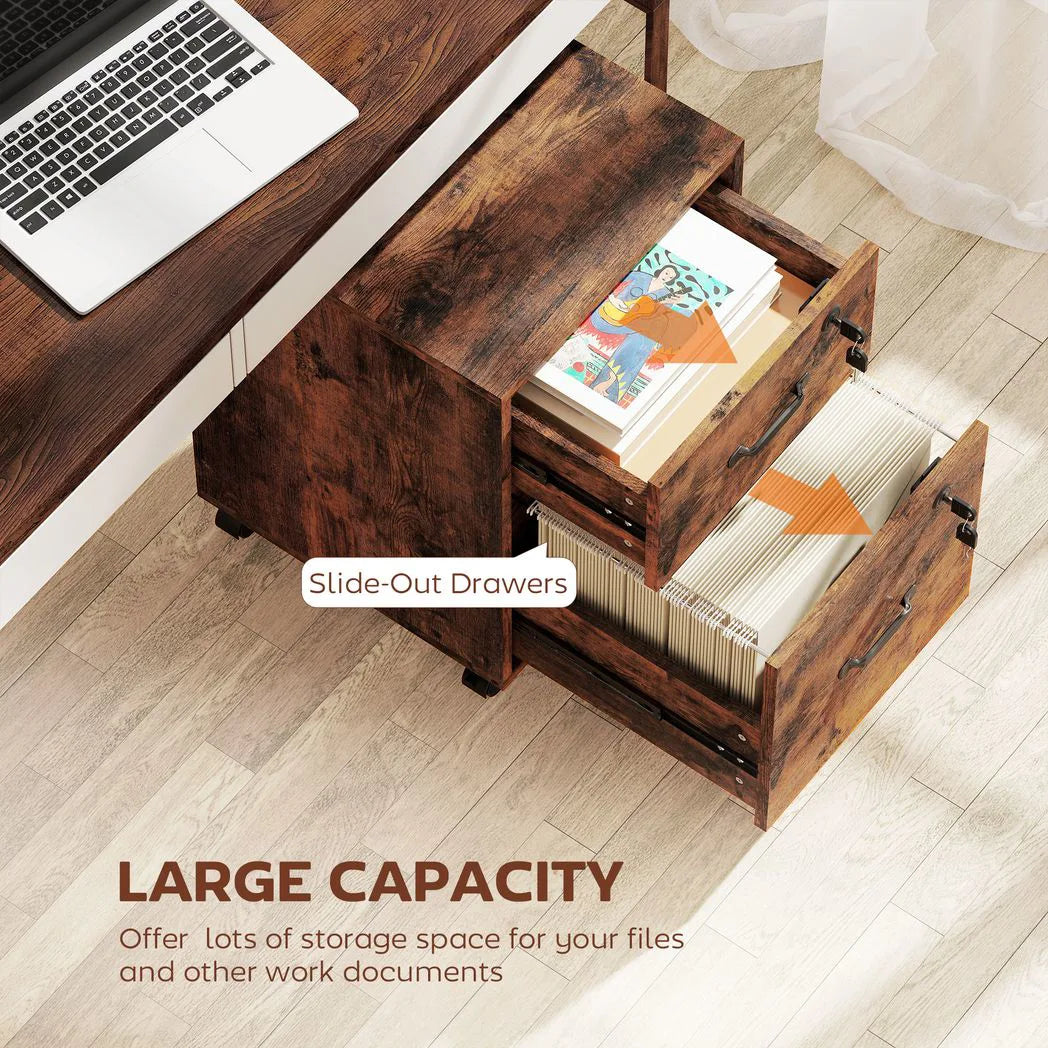 HOMCOM Rolling File Cabinet with 2 Drawers, Mobile Filing Cabinet with Hanging File Folder for Letter Sized Documents, Rustic Brown