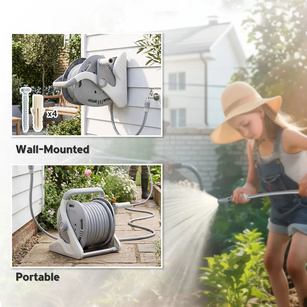 Outsunny Portable Garden Hose Reel, 20 m Wall Mounted Hose Reel with 2 Patterns Spray Nozzle and Crank Handle, Grey