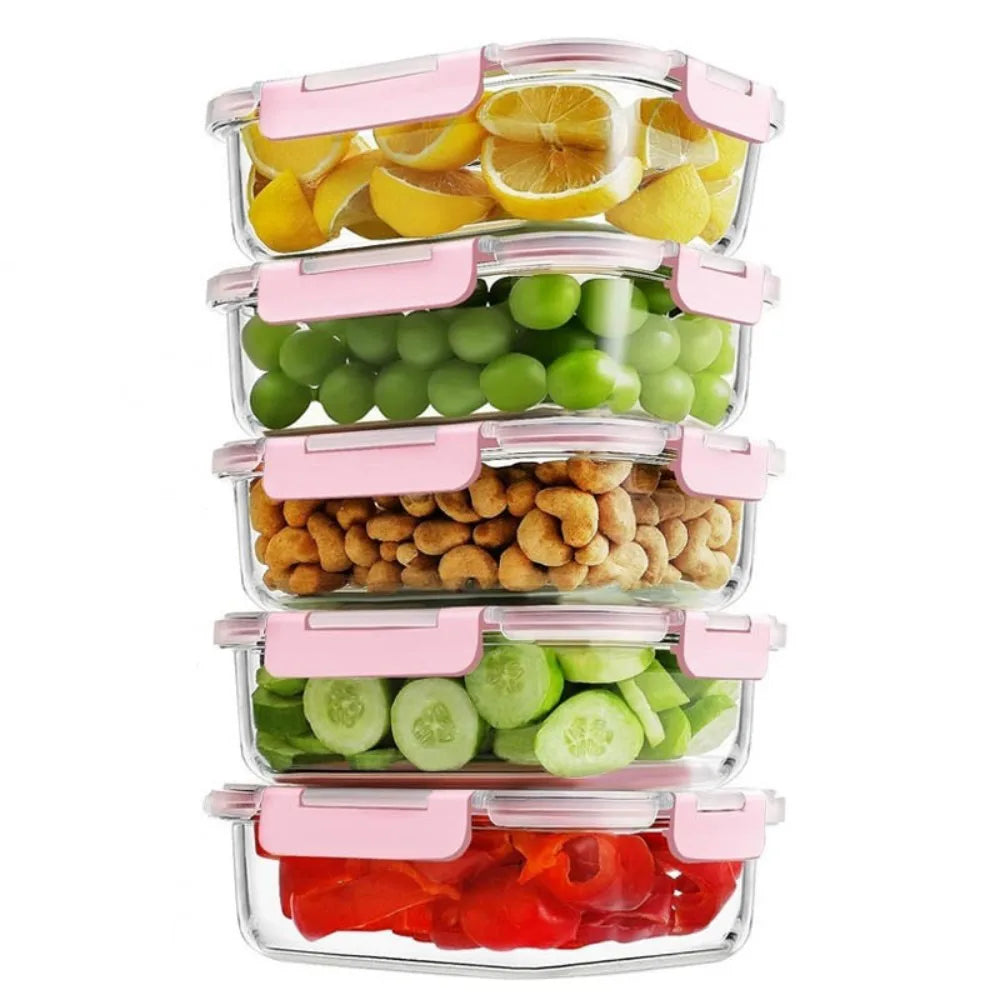Glass Food Storage Containers with Lids - 5 Airtight Food Storage Containers-粉色