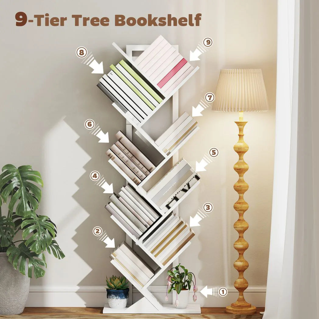 HOMCOM 9-Tier Tree Bookshelf, Industrial Free Standing Bookcase with Steel Frame, Display Storage White