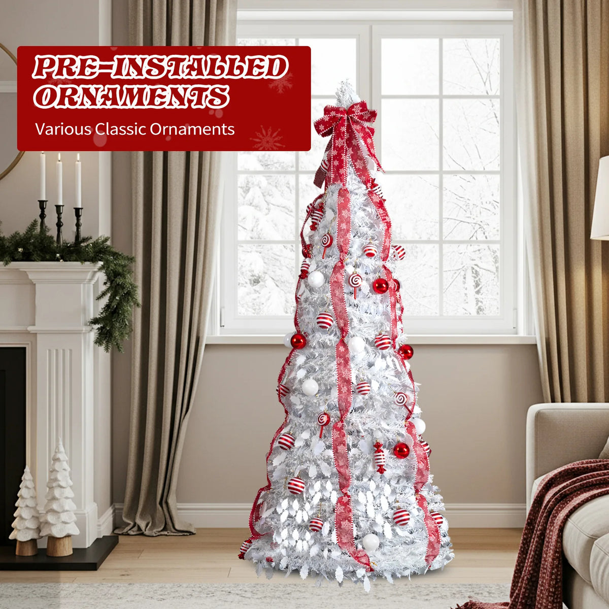 6 FT Fully Decorated Pre-lit Christmas Tree, Pop Up Artificial Xmas Tree with 100 Warm Lights and Red Ornaments for Home Office Store Holiday Deco, White