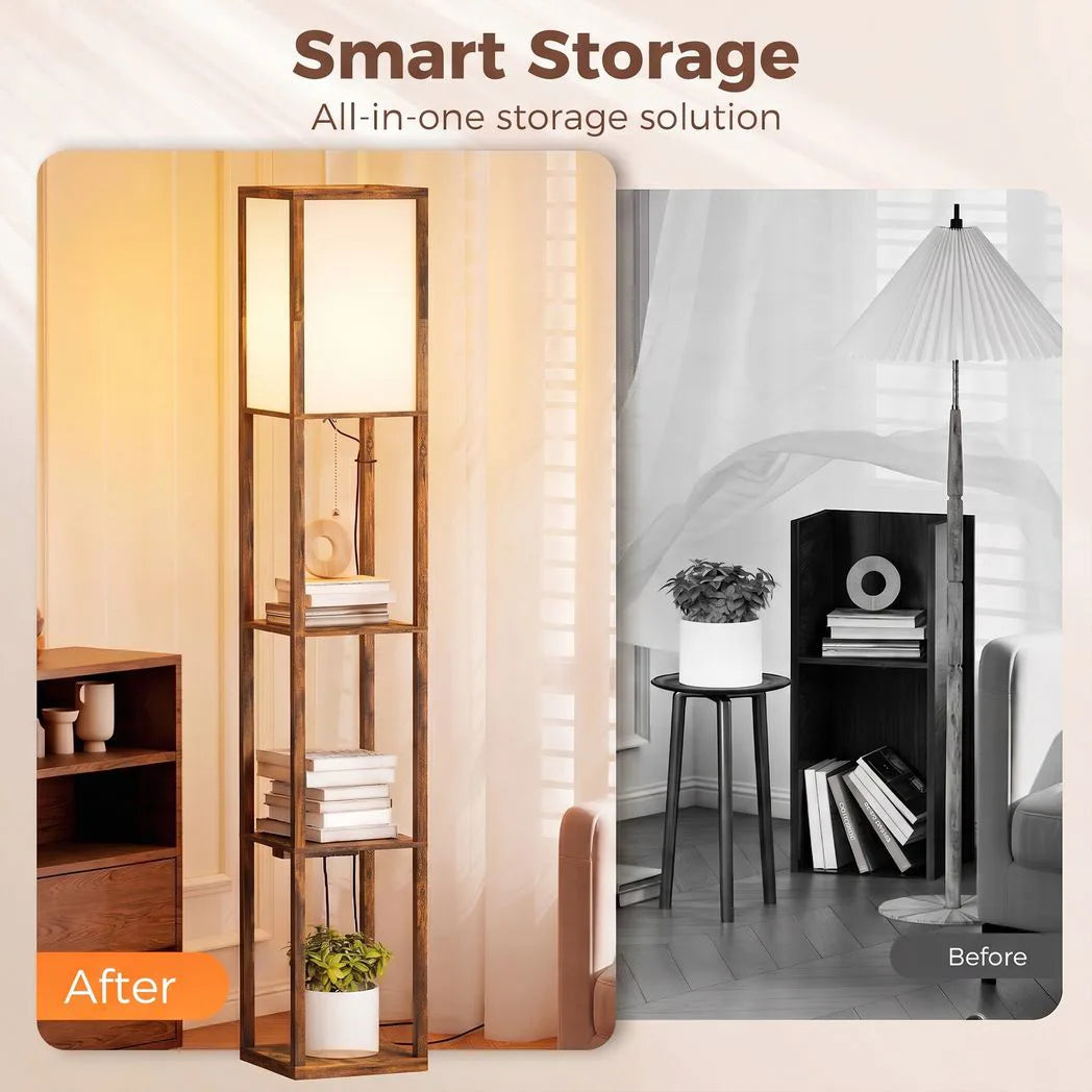 HOMCOM Floor Lamp with Shelves, 4 Layer Standing Lamp with USB Ports, 3 Colour Temperature, Rustic Brown