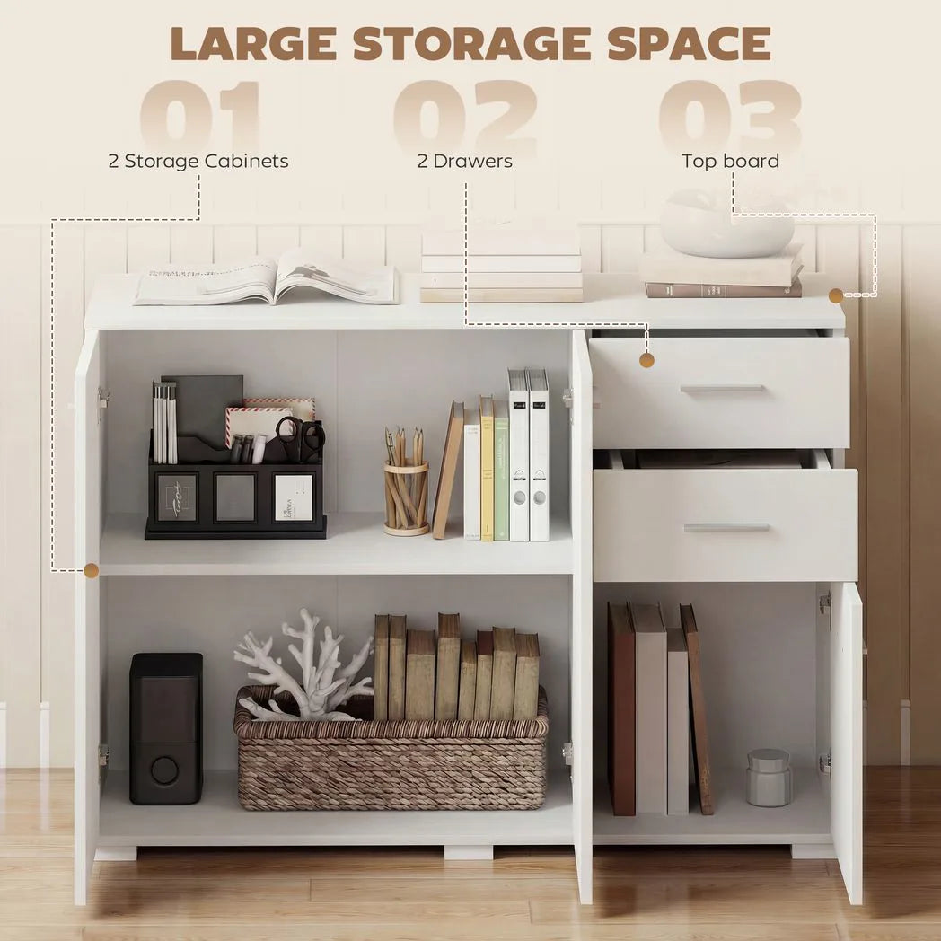 HOMCOM Sideboard, Modern Storage Cabinet with 2 Drawers, 3 Doors and Adjustable Shelves, White