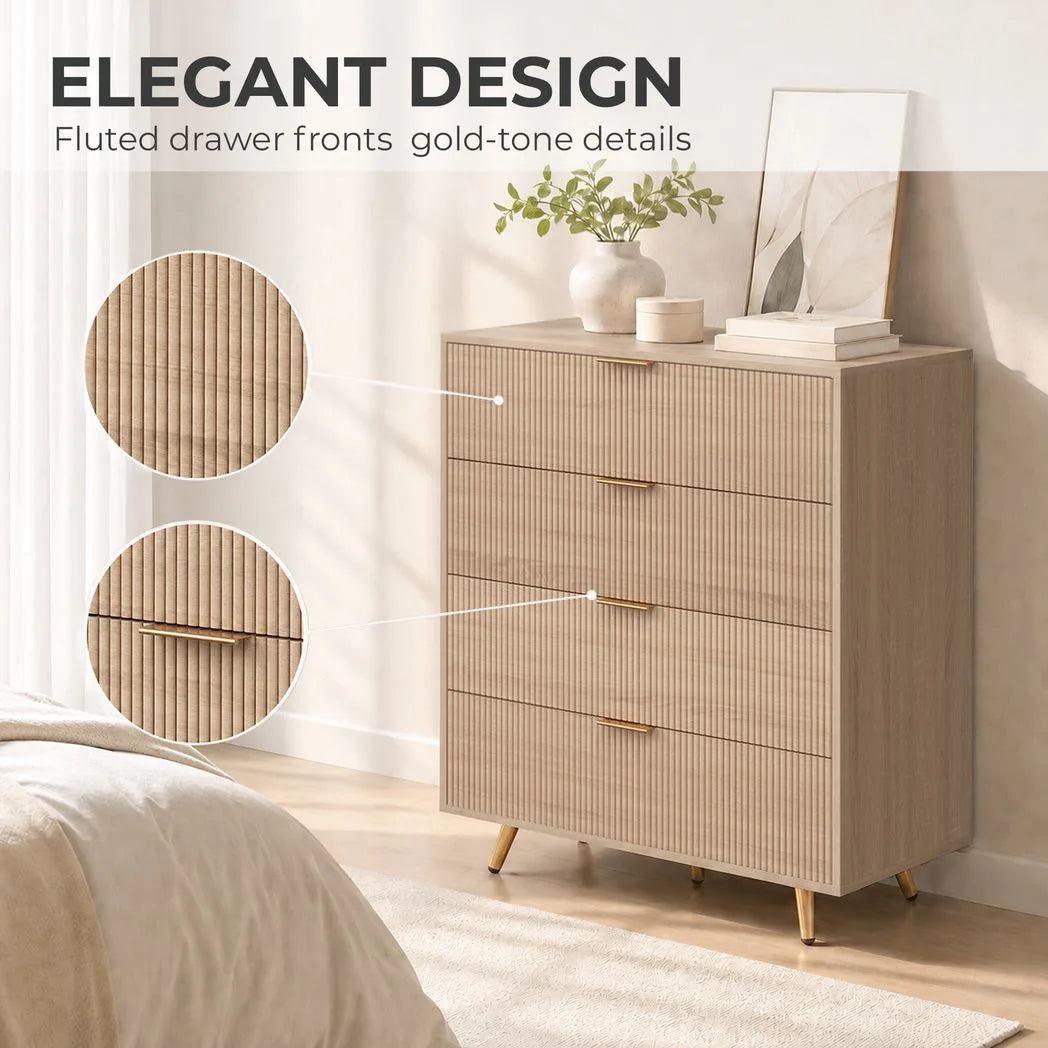 HOMCOM Bedroom Chest of Drawers with 4 Drawers, Fluted Dresser with Gold Tone Handles, Storage Cabinet, Natural