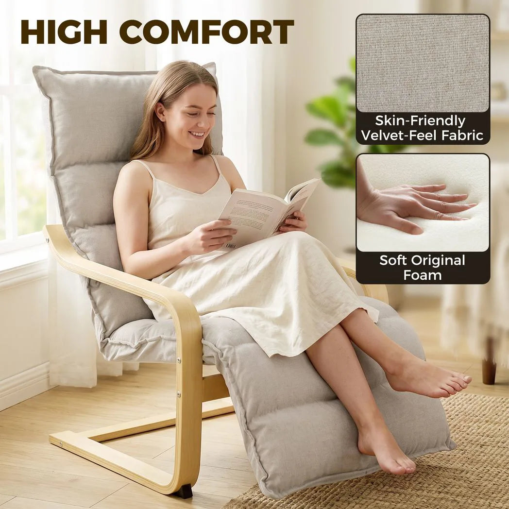 HOMCOM Curved Wooden Accent Chair, Armchair with Adjustable Footrest, Light Brown