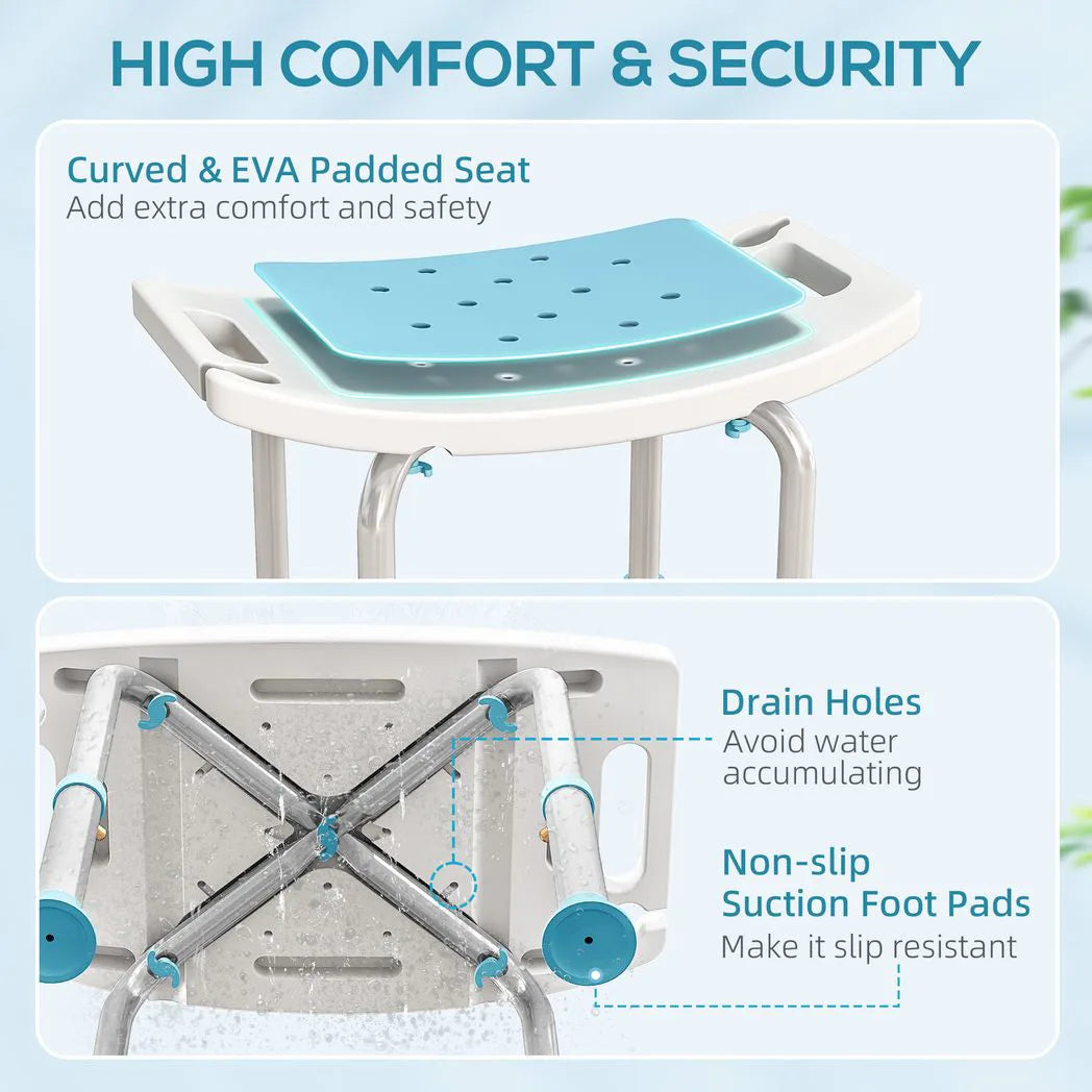 HOMCOM Shower Chair, Adjustable Height Shower Stool with Aluminium Frame and Non-Slip Feet, Bathtub Stool Seat with Padded Seat for Elderly Disabled Handicap, Turquoise