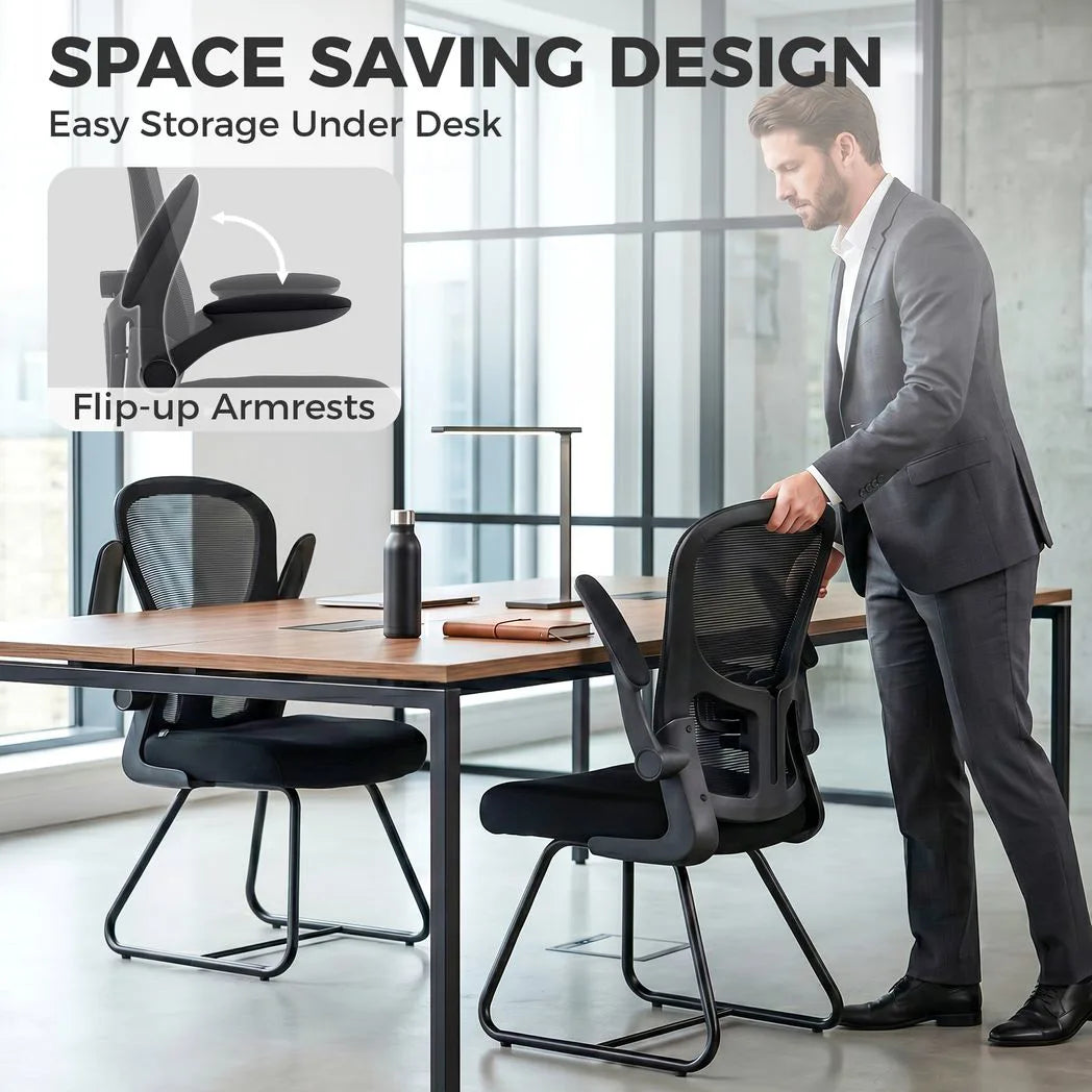 HOMCOM Reception Chair, Conference Meeting Office Chair with Flip-up Armrest, Mesh Backrest, Lumbar Support and Metal Base