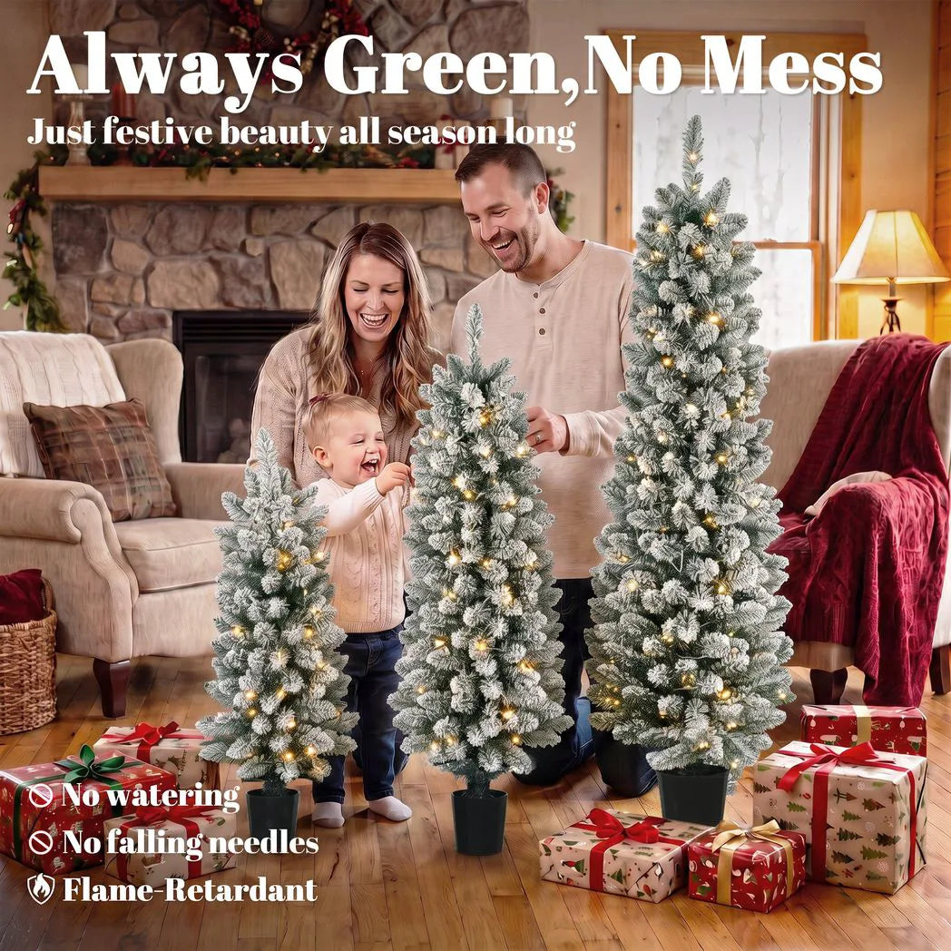 HOMCOM Prelit Snowy Flocked Artificial Christmas Tree Set of 3, Slim Xmas Tree with PVC Tips, 3FT??