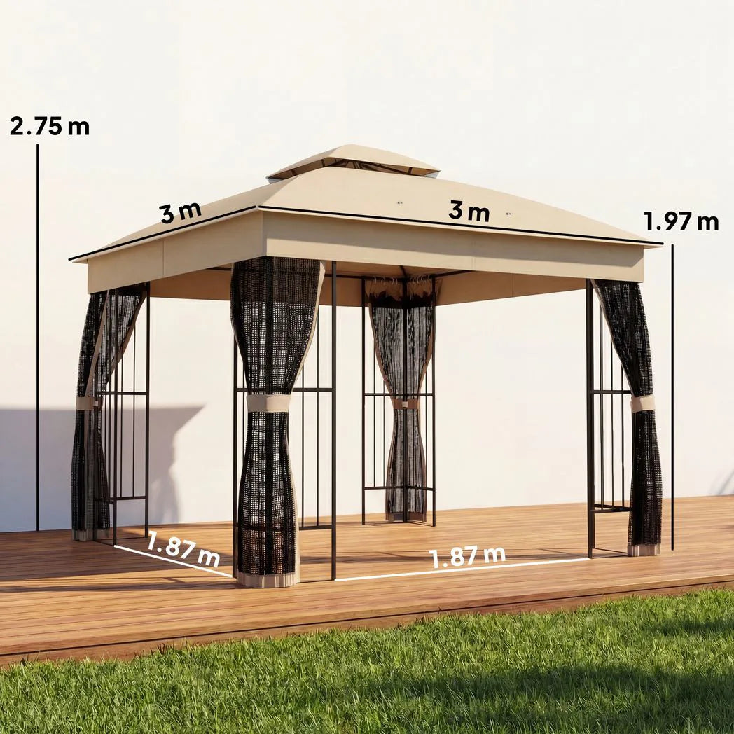 Outsunny 3 x 3 m Outdoor Garden Gazebo with Post Shelves, UPF50 Double Roof Patio Permanent Pavilion, Brown
