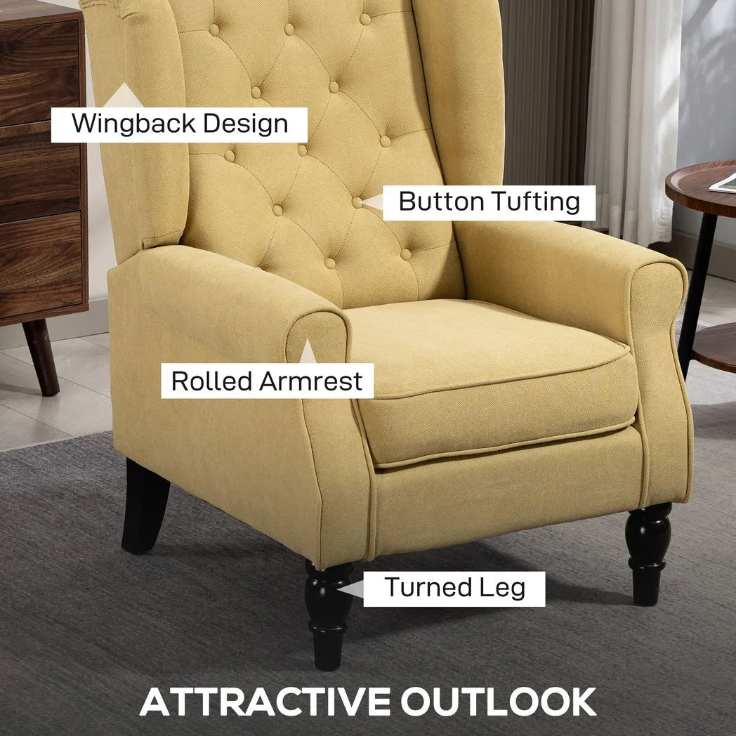 HOMCOM Wingback Accent Chair, Retro Upholstered Button Tufted Occasional Chair for Living Room and Bedroom, Yellow