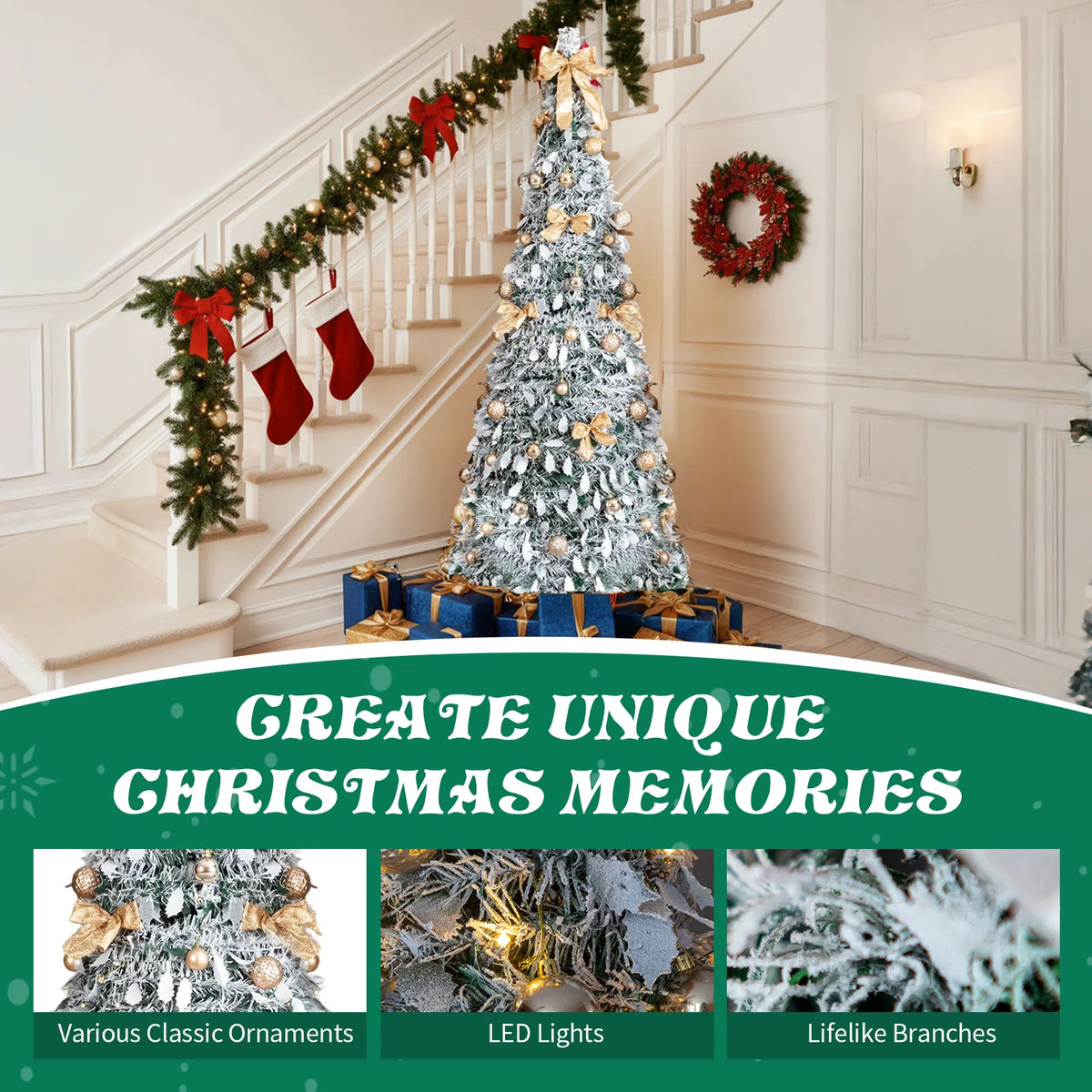 6 FT Snow Flocked Pre-lit Artificial Pop Up Christmas Tree with 100 Warm Lights and Golden Ornaments for Home Office Store Holiday Deco, Snowy Green