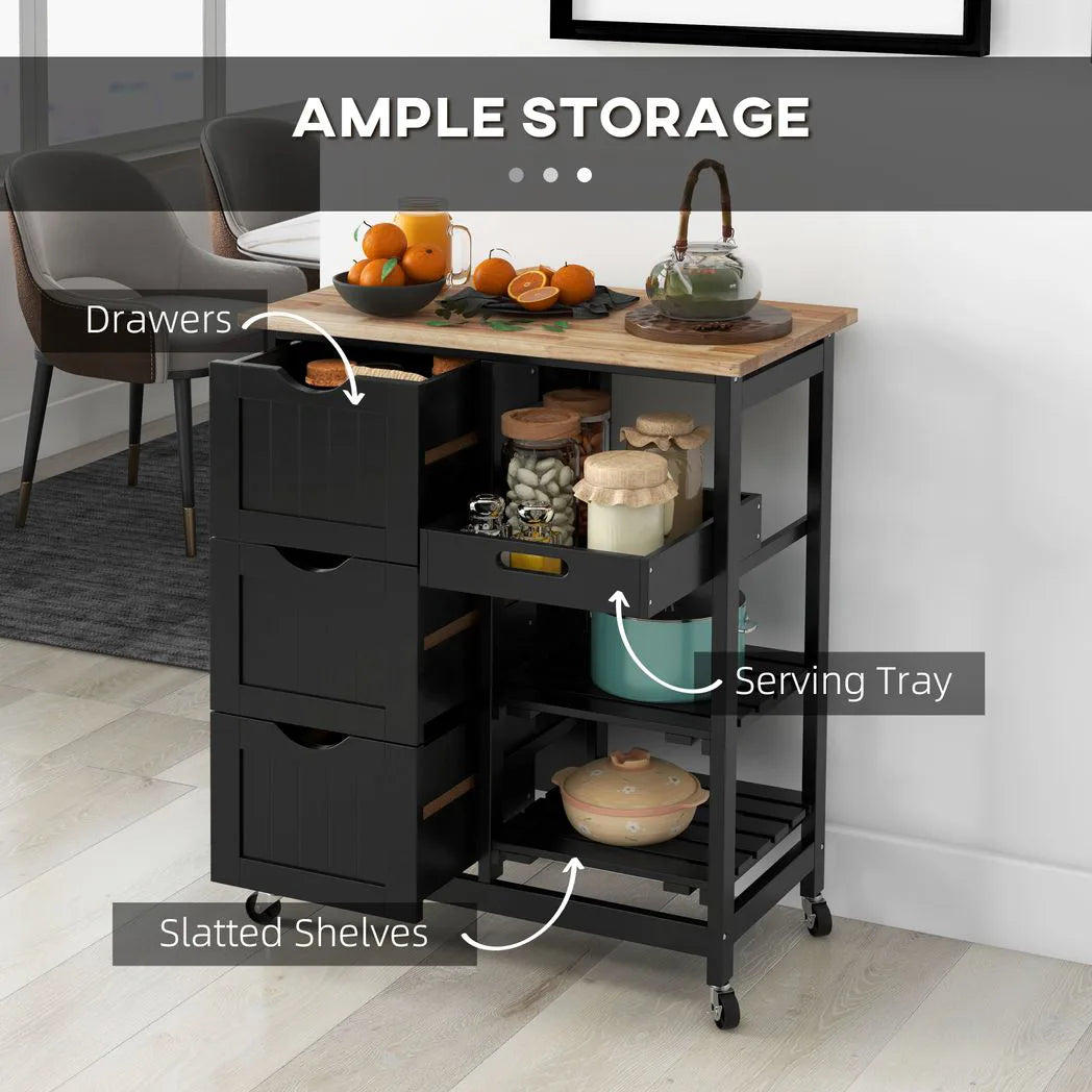 HOMCOM Rolling Kitchen Island Cart, Bar Serving Cart, Compact Trolley on Wheels with Wood Top, Shelves & Drawers for Home Dining Area, Black