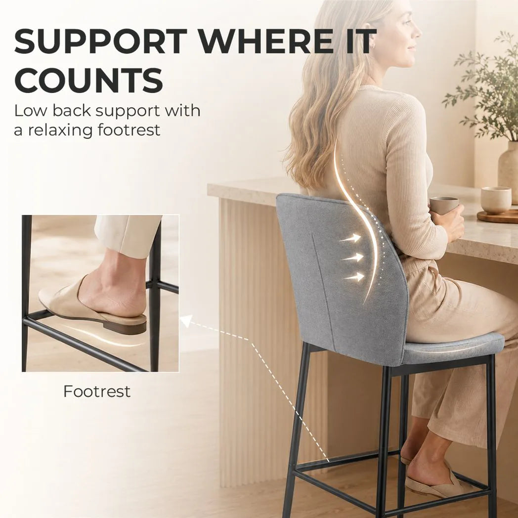 HOMCOM Modern Tall Chairs, Set of 2 Velvet Bar Stools with Footrest and Backrest, Kitchen & Living Room Stools, Grey