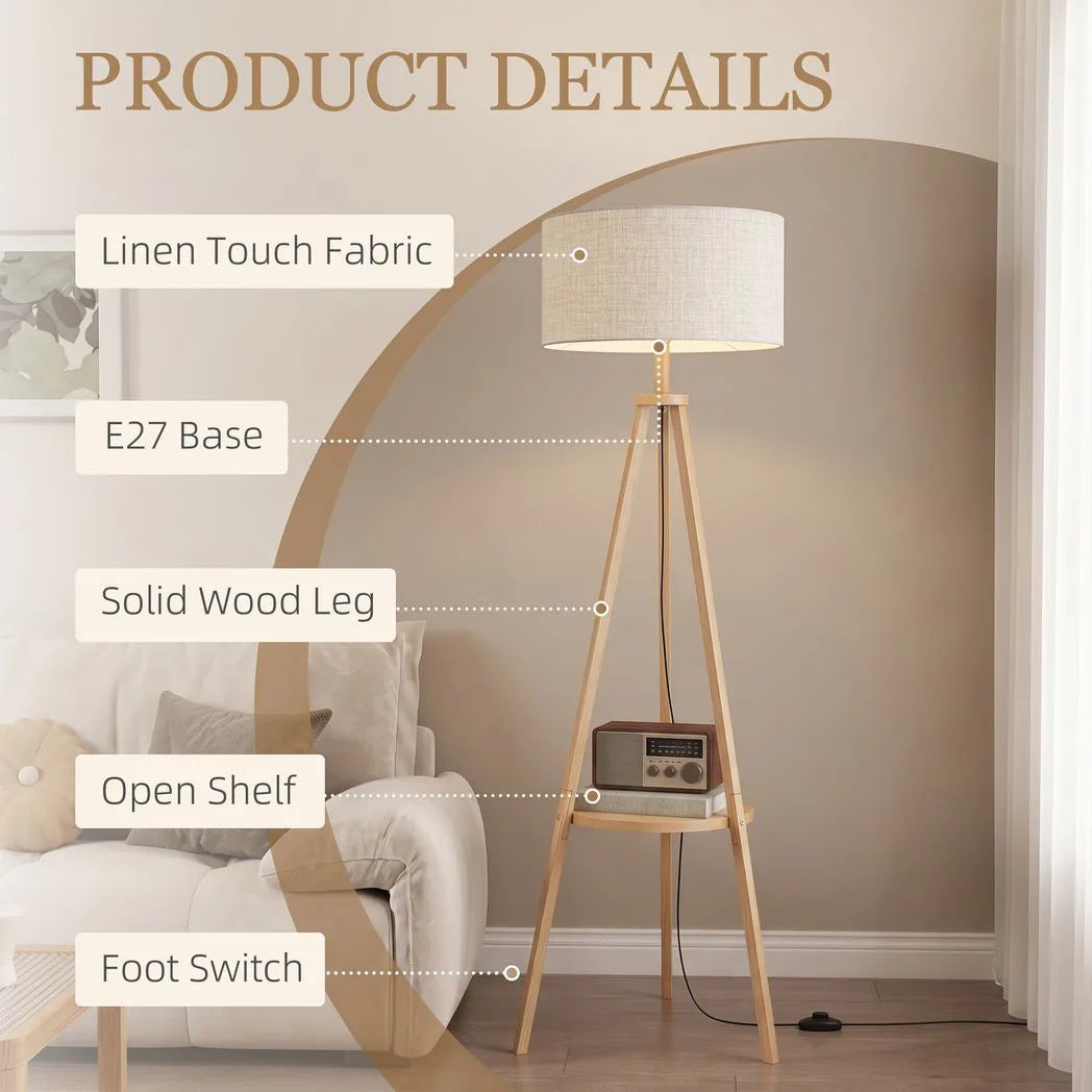 HOMCOM Bedside Light, Tripod Floor Lamp with Storage Shelf and Linen Shade for Living Room, 160cm, Natural Wood Colour