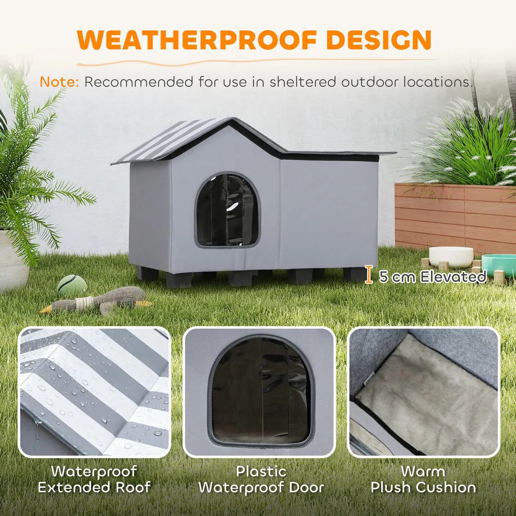 PawHut Outdoor Cat House, Weather Resistant Feral Cat Cave with Elevated Base and Cushion for Winter, Grey