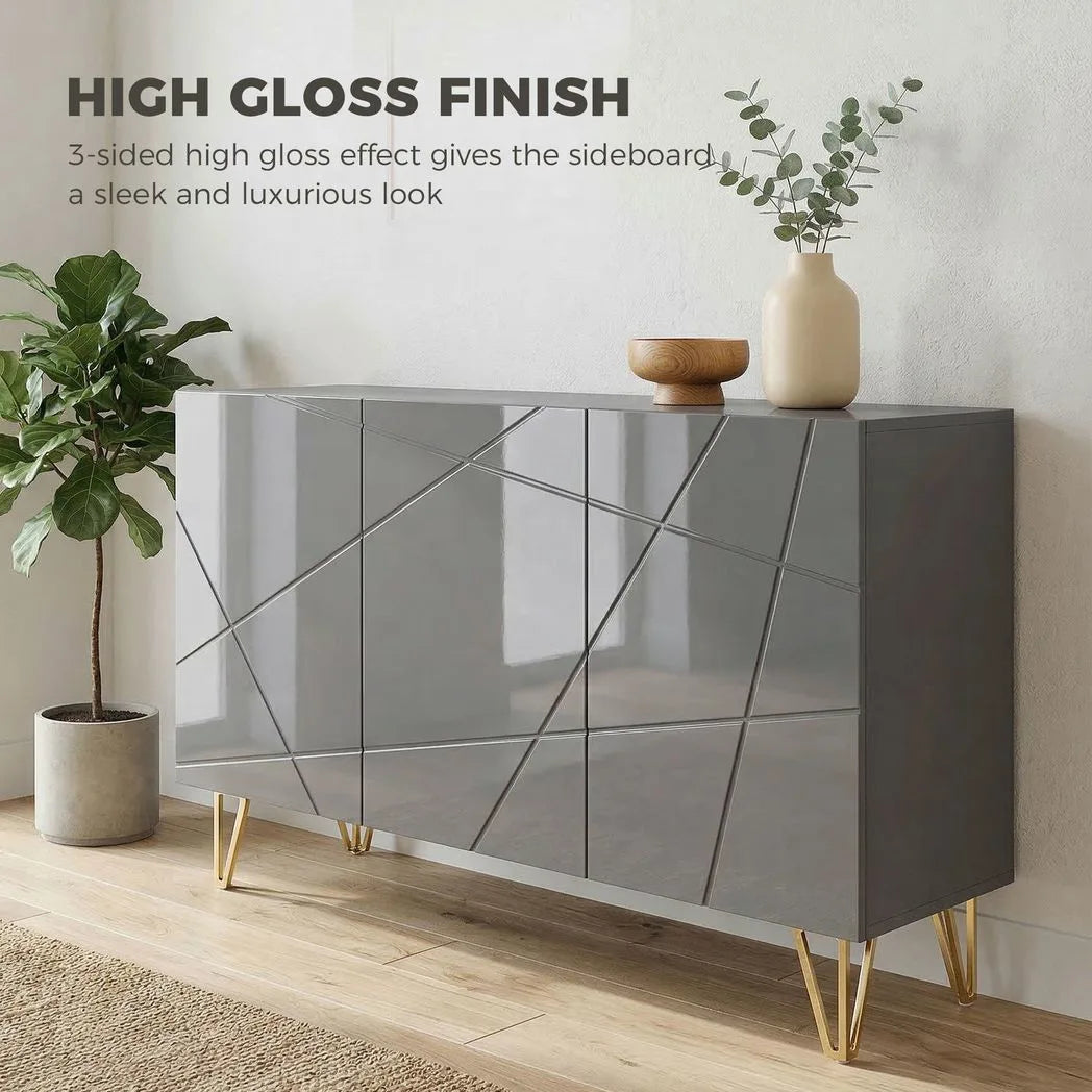 HOMCOM Modern Luxe High Gloss Sideboard, with Hairpin Legs, Grey