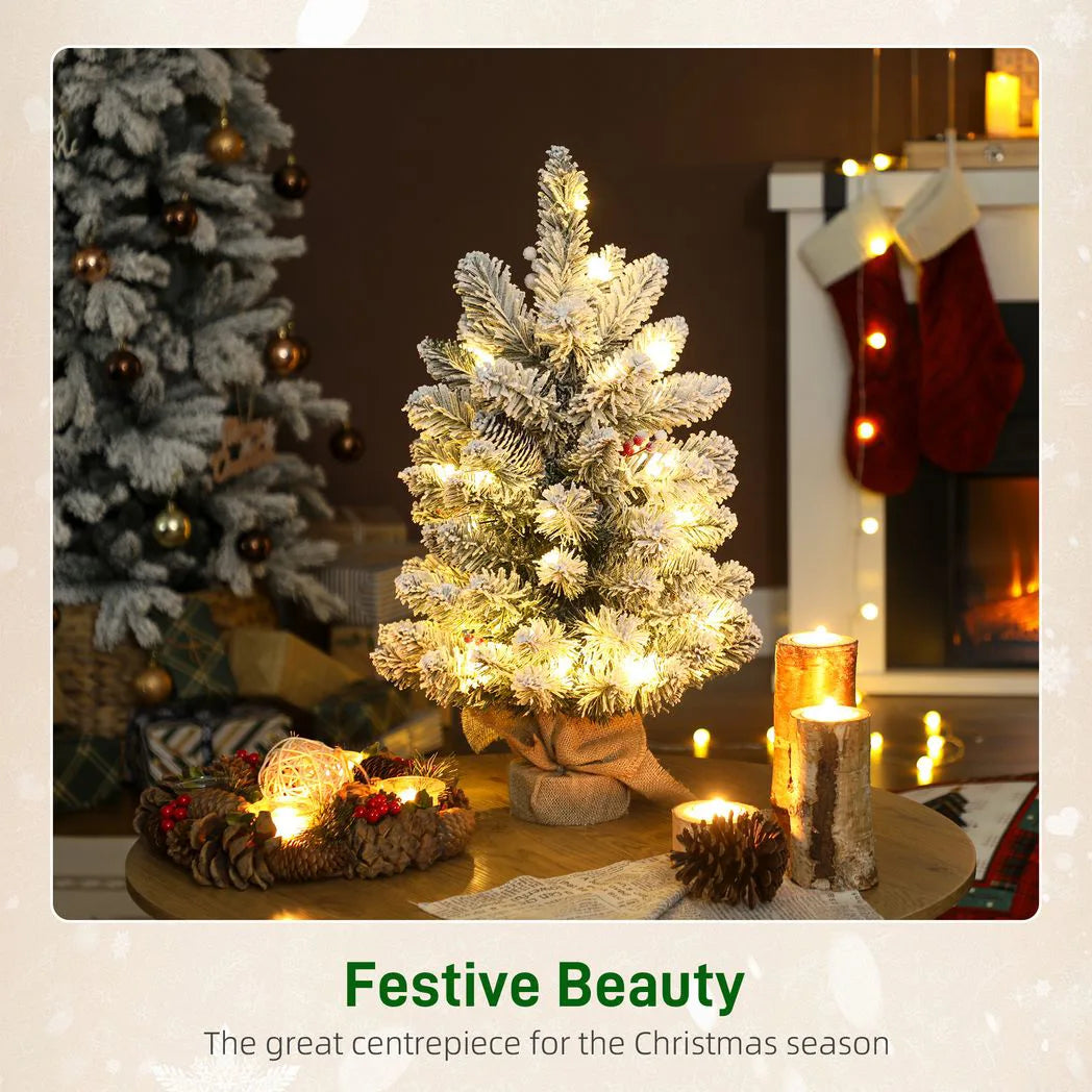 HOMCOM 60 cm Prelit Small Christmas Tree with 35 LED Lights, Snow Flocked Tabletop Mini Xmas Tree with 72 Dense Branches, Pine Cones, Berry Clusters and Linen Cover Base, Battery Operated, Green