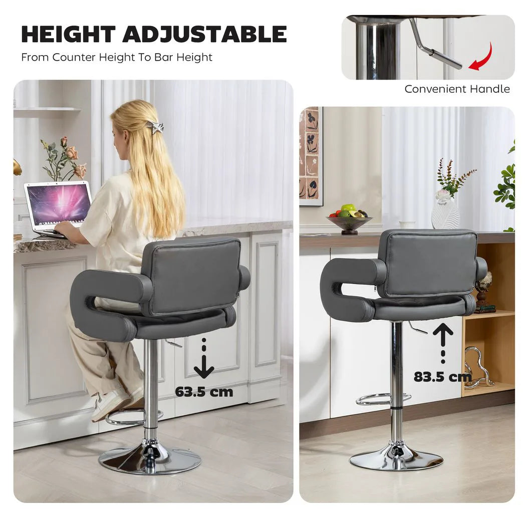 HOMCOM PU Leather Upholstered Swivel Bar Stool, Height Adjustable with Back, Armrest, Footrest, Grey