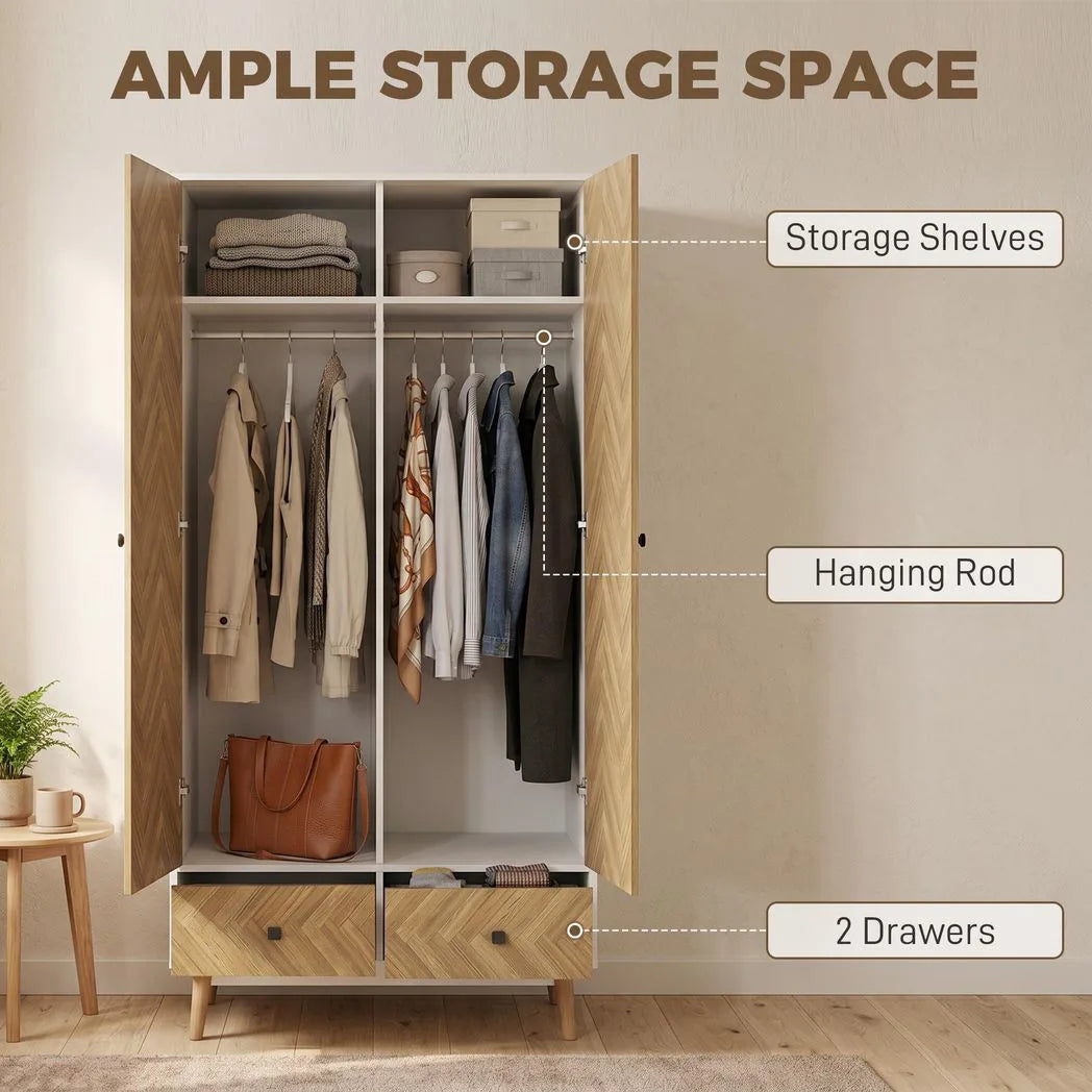 HOMCOM Cabinet Wood-Effect Sticker Surface, Modern Wardrobe with 2 Hanging Rods, 2 Storage Shelves and 2 Drawers, White