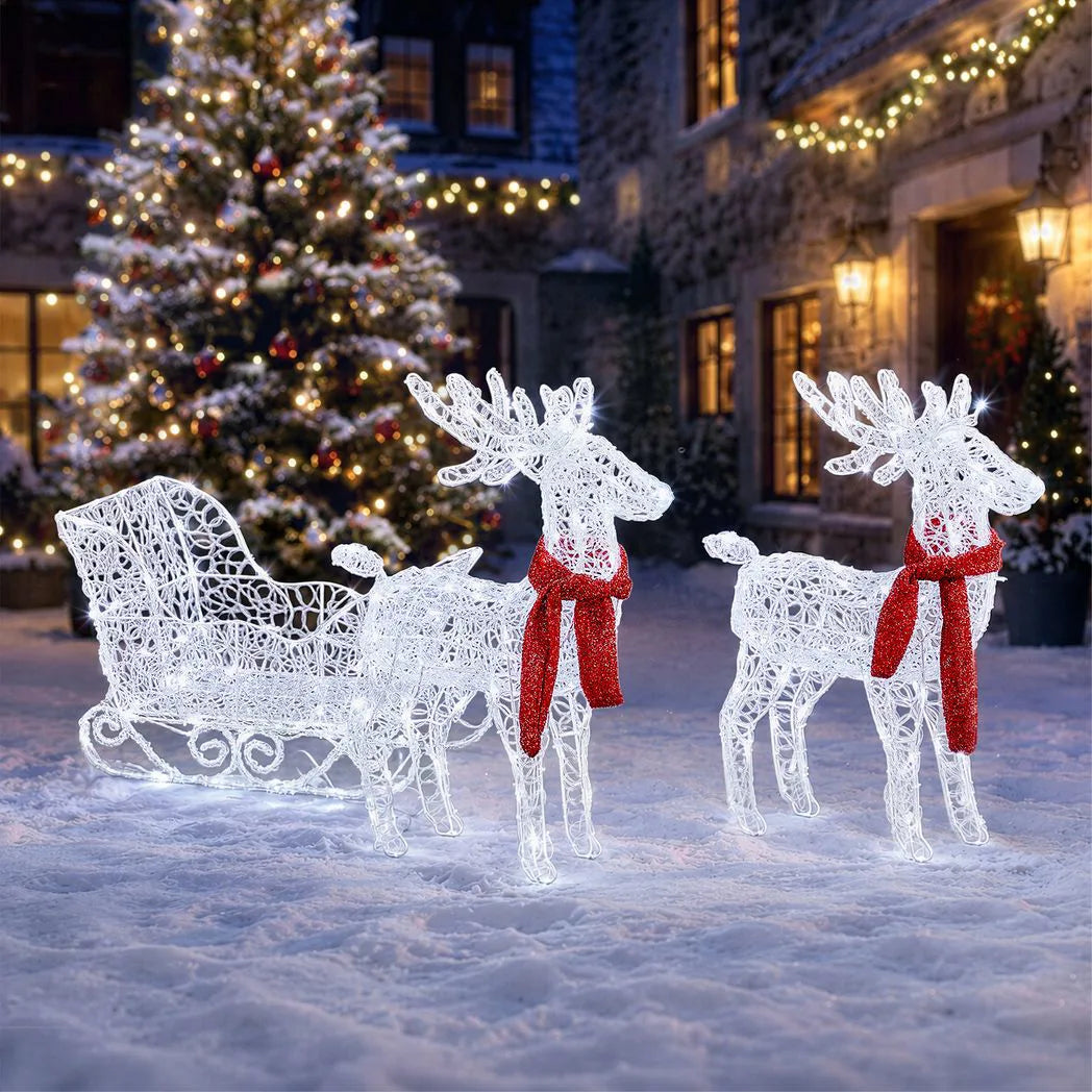 Two Reindeer Pulling Sleigh Lighted Christmas Decor 2.4ft, 240 White LED PVC Décor, UK Plug 31V 3.6W