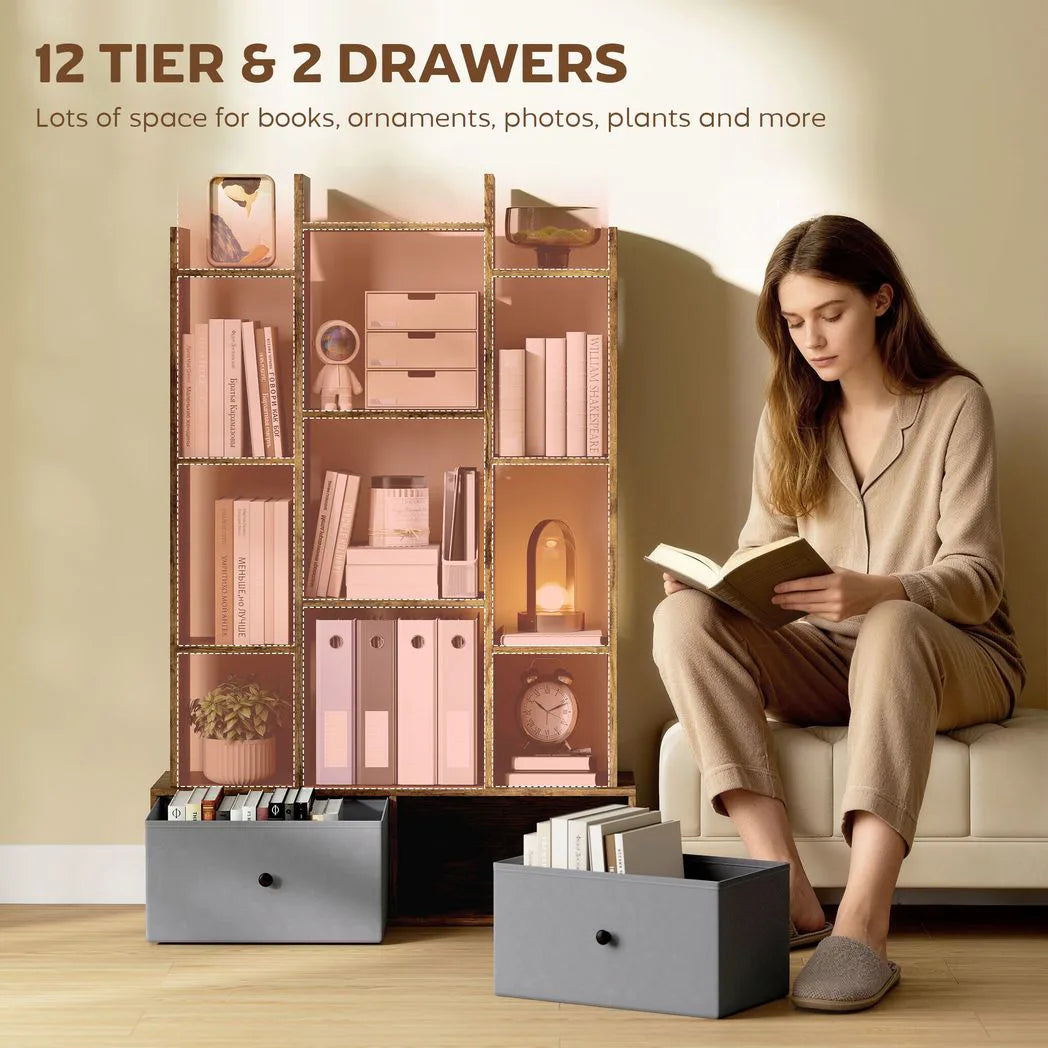 HOMCOM 12 Shelf Storage Unit, with Drawers - Brown